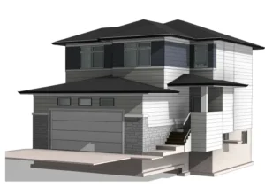 Modern two-story house with a double garage and black roofing.